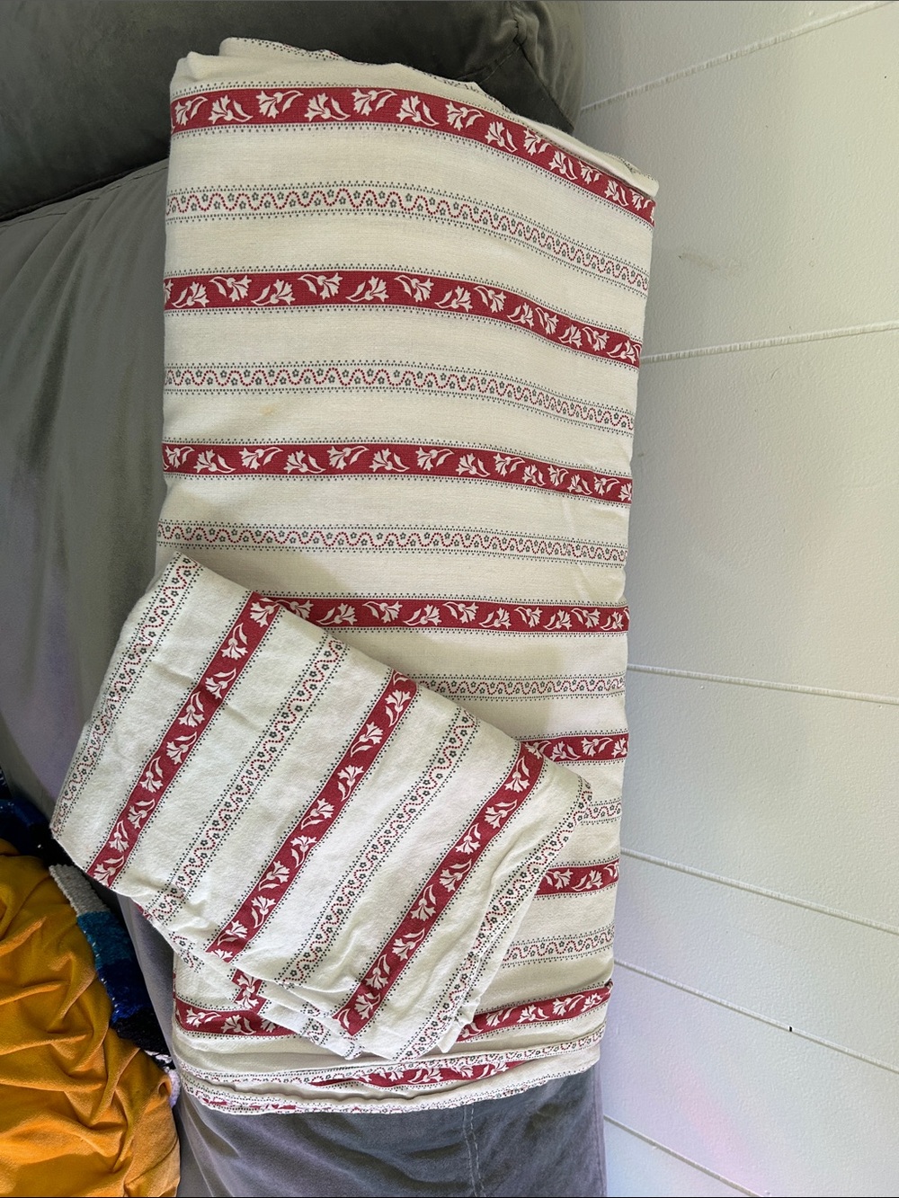 IKEA Red and White Striped Cotton Duvet Cover with Floral Bands